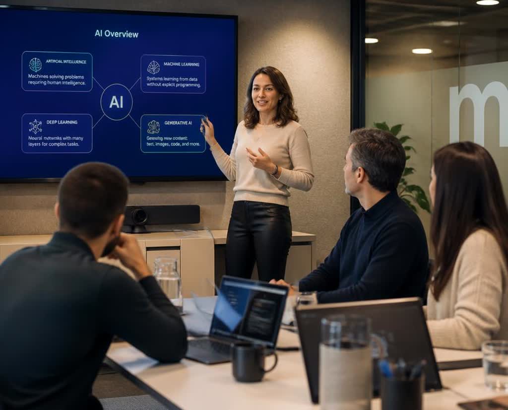 Trainer geeft een in-company AI-workshop aan een team